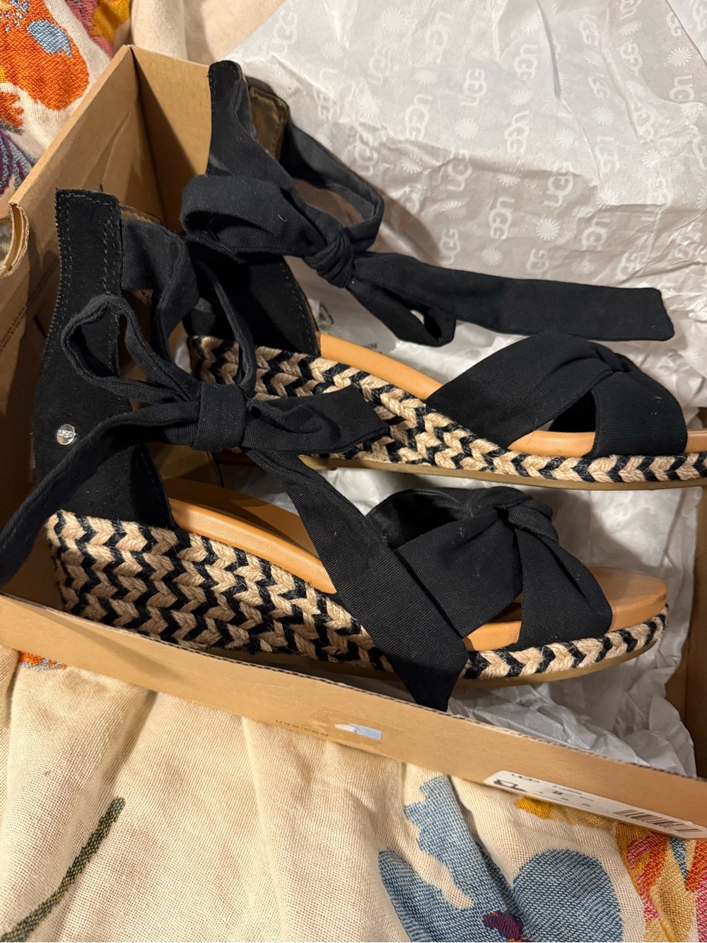 UGG Black Espadrille Yarrow Wedge Sandals with Ankle Wraps
